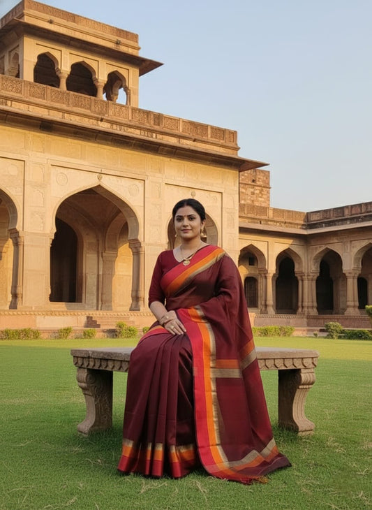 Handwoven Maheshwari Cotton Silk Saree in Wine Maroon with Rust & Gold Border