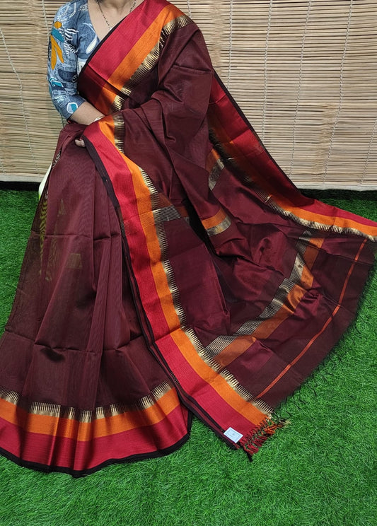 Handwoven Maheshwari Cotton Silk Saree in Wine Maroon with Rust & Gold Border